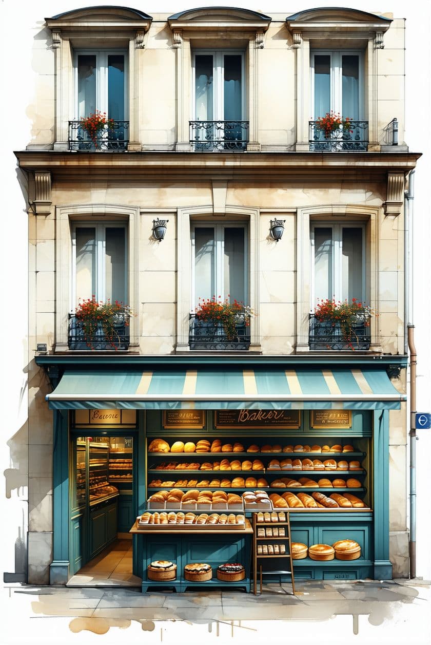 AI generated: Paris 1880, hyperrealistic illustration, a facade of a little bakery shop, front view, elevation, in...