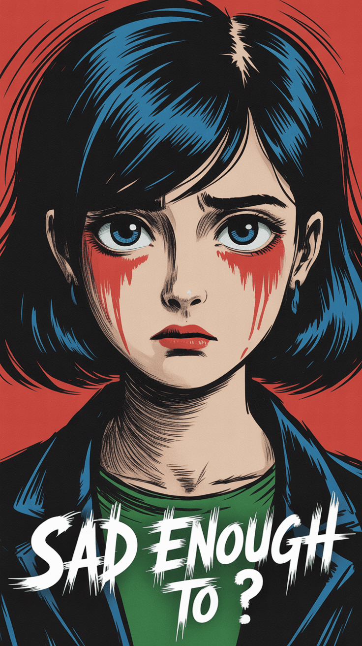 AI generated: Pointillism,anime woman face,sad mood,looking straight to cam,bold brush strokes,typography “sad eno...