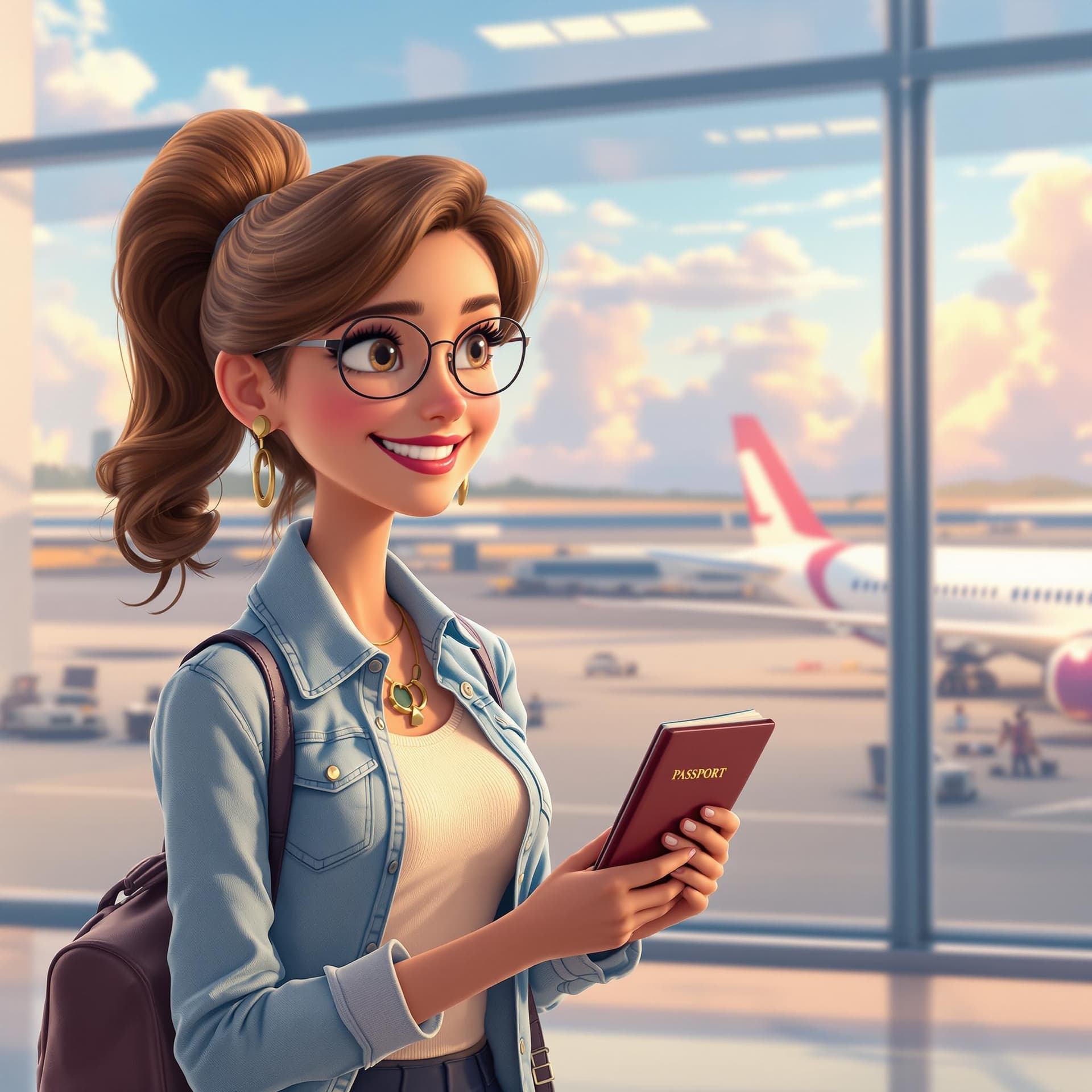 AI generated: Pixar style Woman at the airport with her passport in hand getting ready to board an aircraft, smili...
