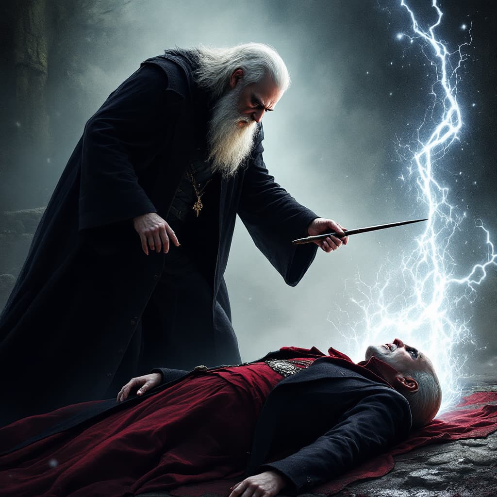 AI generated: Dumbledore standing over a disarmed Voldemort pointing his elder wand at him