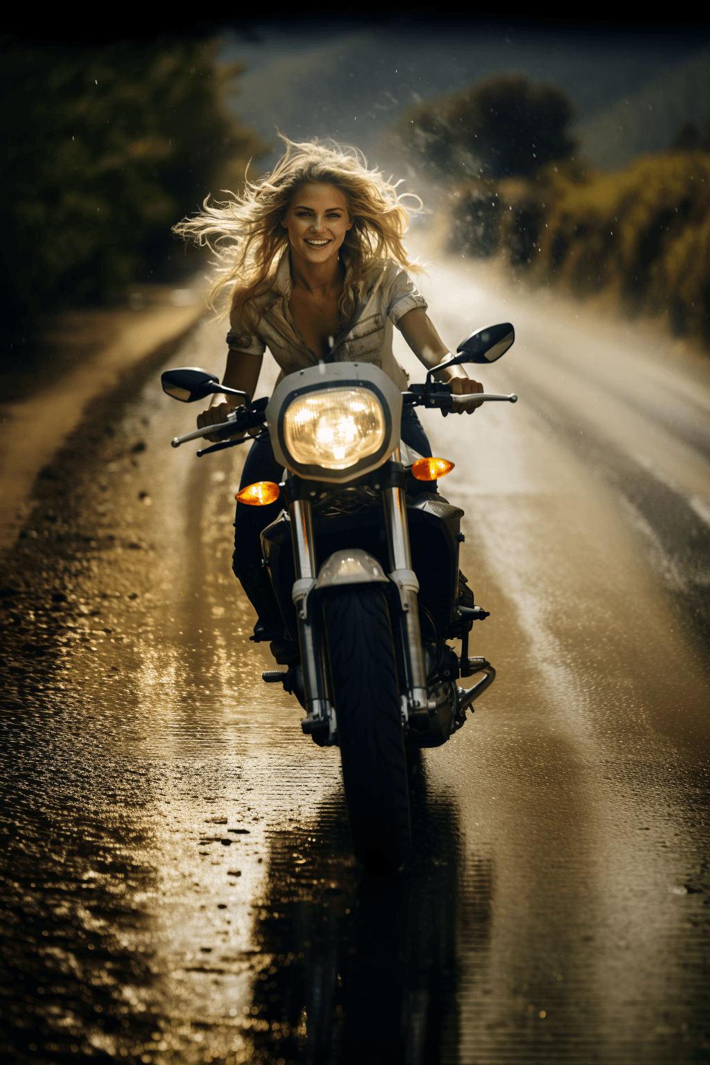 AI generated: rain, fog, mist, reflections, sun rays, A blonde woman in her 30s is captured in motion, riding a mo...