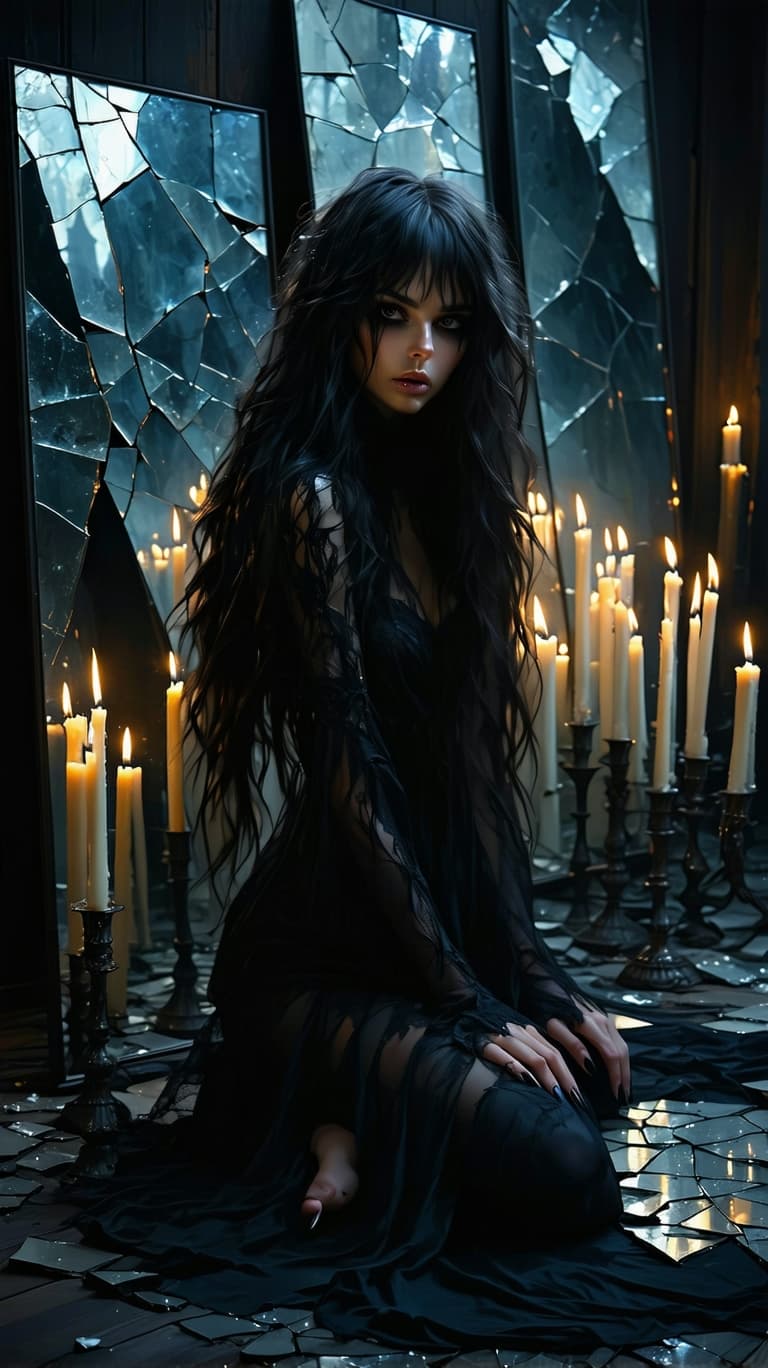 AI generated: A solitary female goth figure with long black wavy hair and bangs in a dark, candlelit room, surroun...
