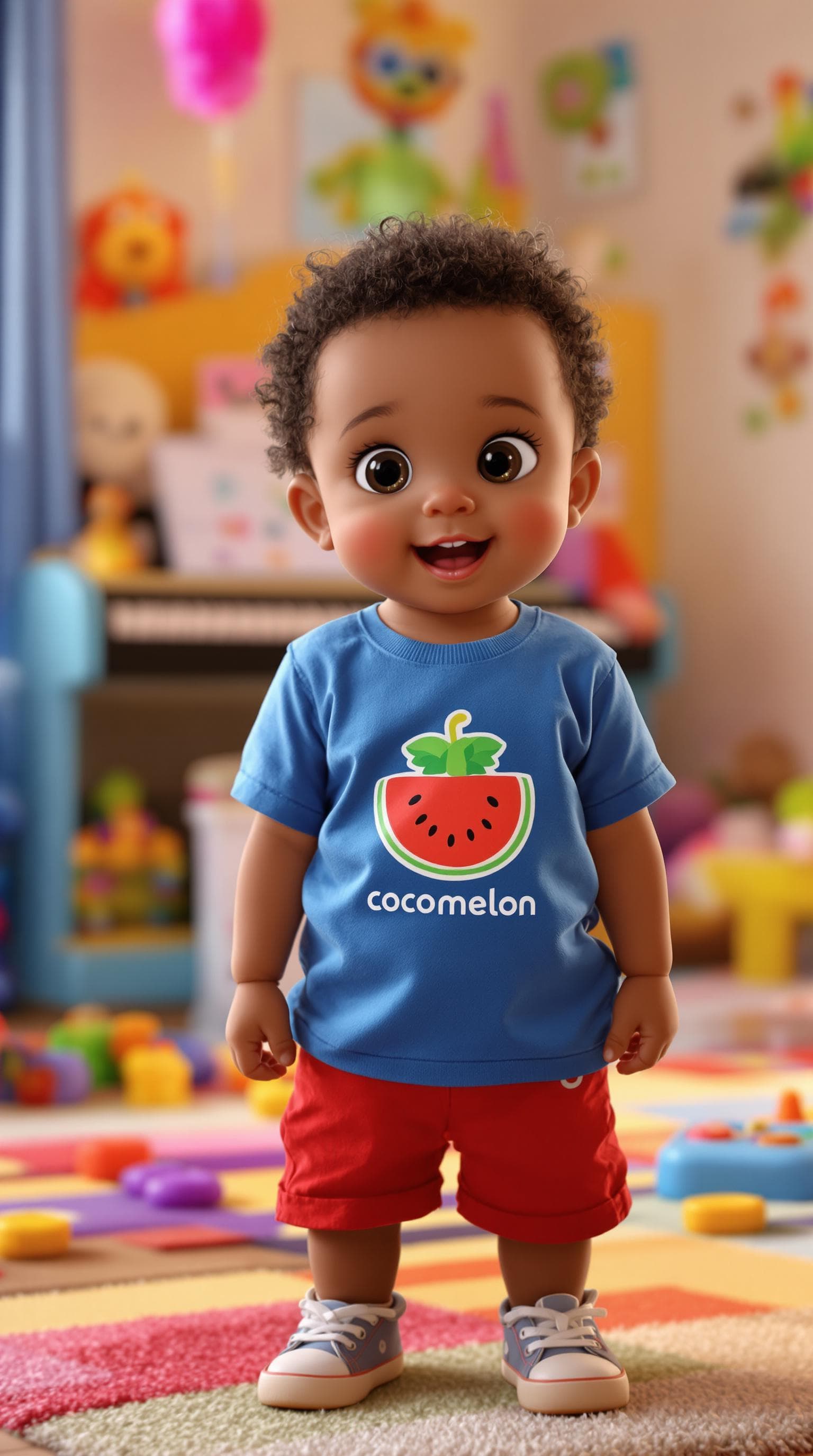 AI generated: A hyper-realistic portrait of a curious toddler inspired by JJ from Cocomelon; round face with brigh...