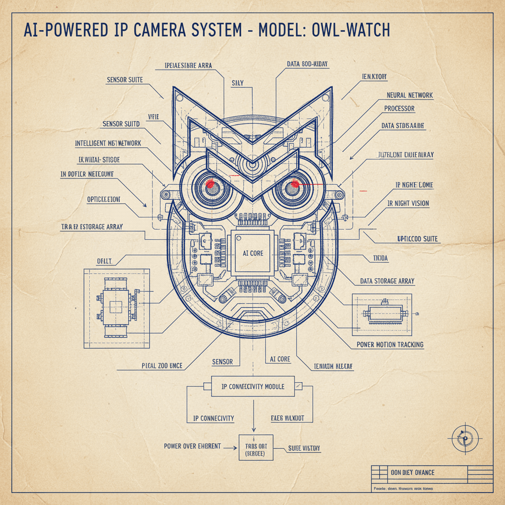 AI generated: Simple but technical close up of a blue print describing an brainy AI powered owl (with closed wings...