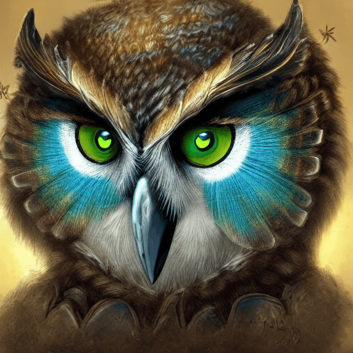 AI generated: Anthropomorphic blue owl, big green eyes, lots of details, portrait, finely detailed armor, cinemati...