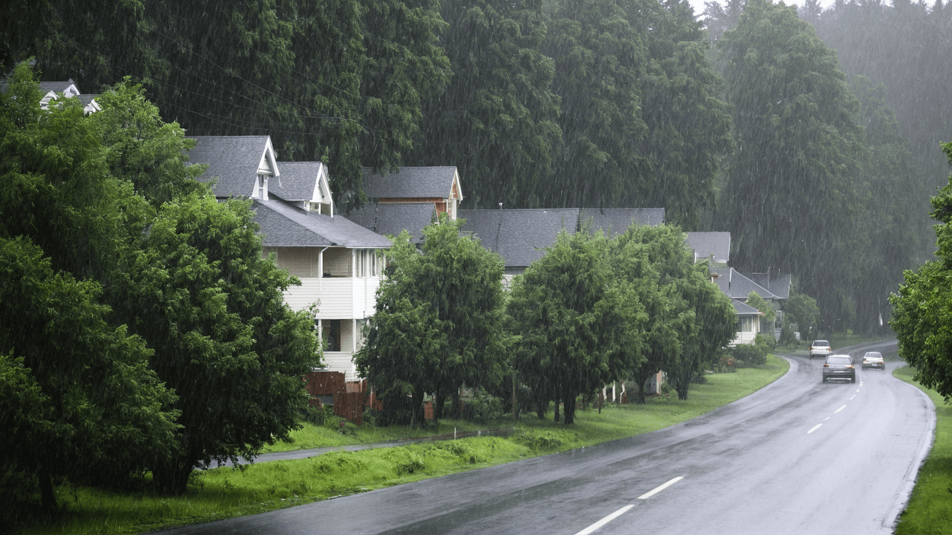 AI generated: rain, lots of trees, houses, road