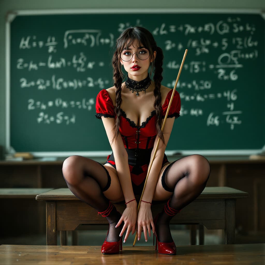 AI generated: photo of a 24-year-old woman with twintails and big round glasses wearing tiny red outfit with black...