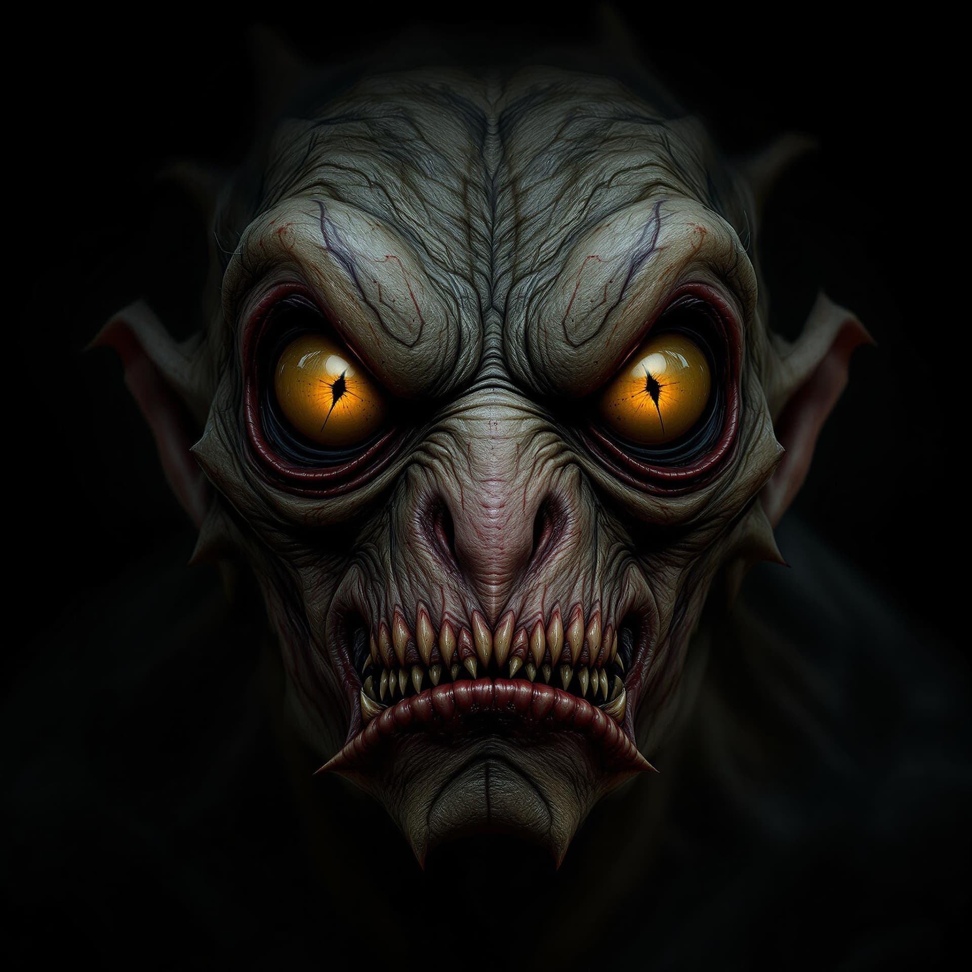 AI generated: Scary creature, flat snout, yellow eyes, horror, dark and haunting, hyperrealism, ultra-detailed, 8k...
