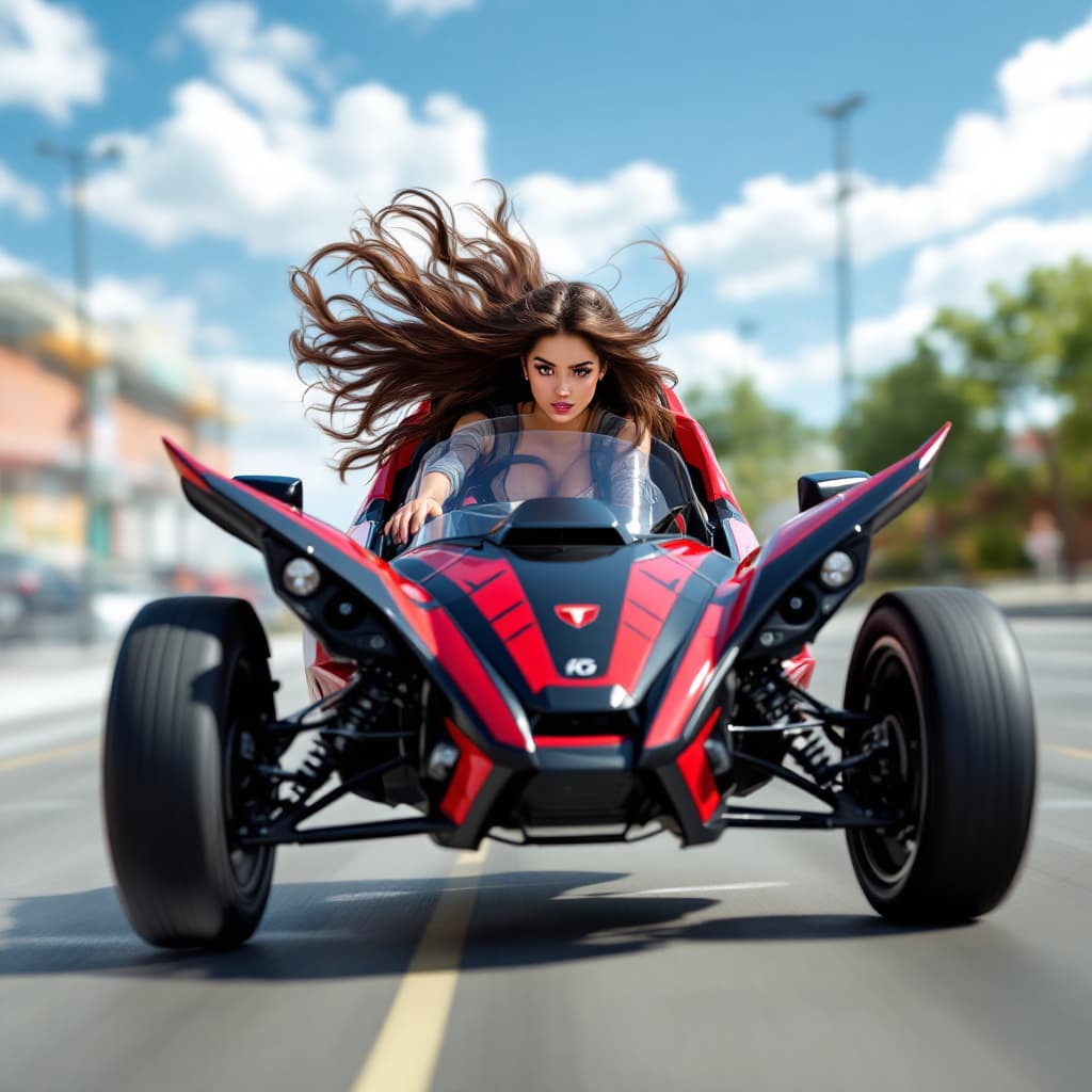 AI generated: YOUNG LATINA WITH LONG BROWN HAIR, FLYING IN A BLACK AND RED THREE-WHEELED SLINGSHOT. THE SLINGSHOT ...