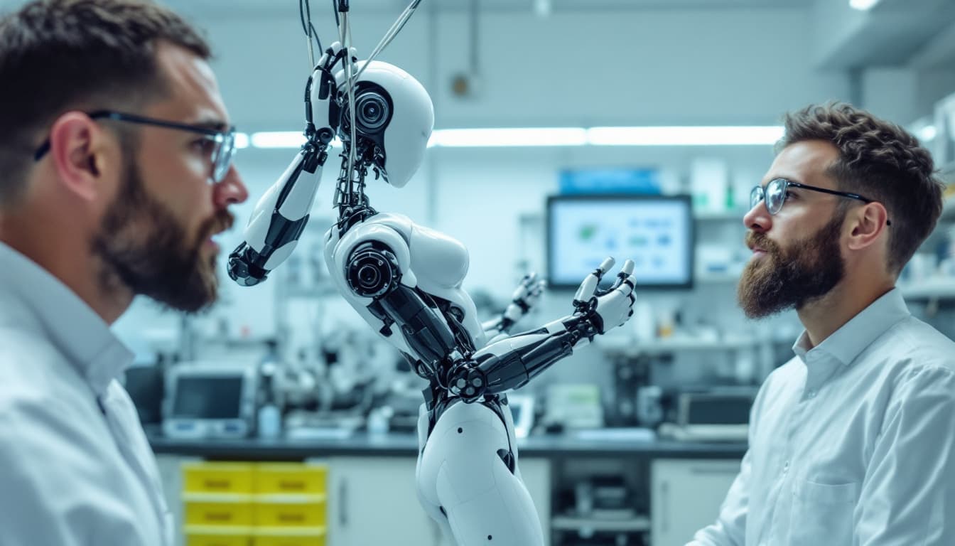 AI generated: WOMAN ROBOT HANGING ON CABLES IN LAB. MAN LOOKING AT HER