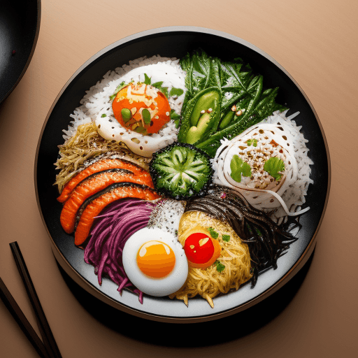 AI generated: Food photography, bibimbap, top view,in a luxurious Michelin kitchen and rice , studio lighting, dep...