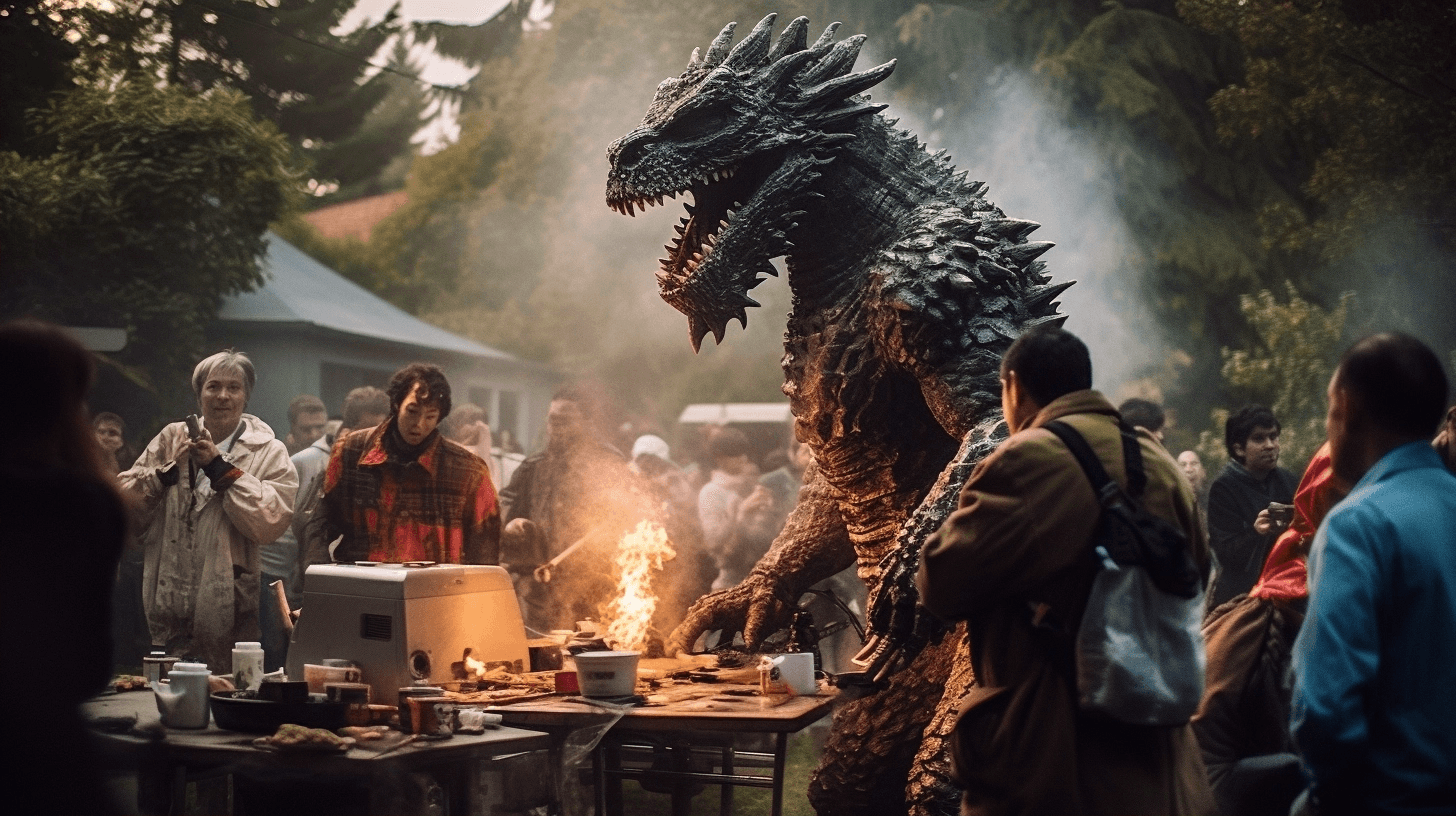 AI generated: IMAGE_TYPE: Photography | GENRE: Sci-Fi | EMOTION: Disaster | SCENE: Godzilla at a BBQ party, wreaki...