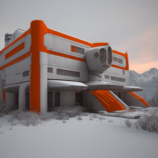 AI generated: Sci-Fi research facility set in snowy environment, Accented in orange and white, realistic, 3d, deta...