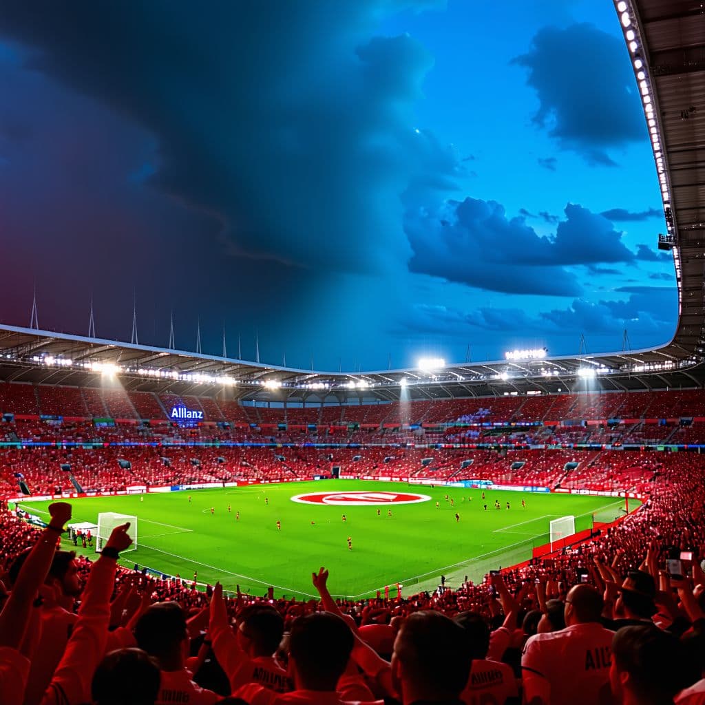 AI generated: Epic night scene of San Mamés stadium full of cheering fans, dramatic clouds above, the Allianz logo...