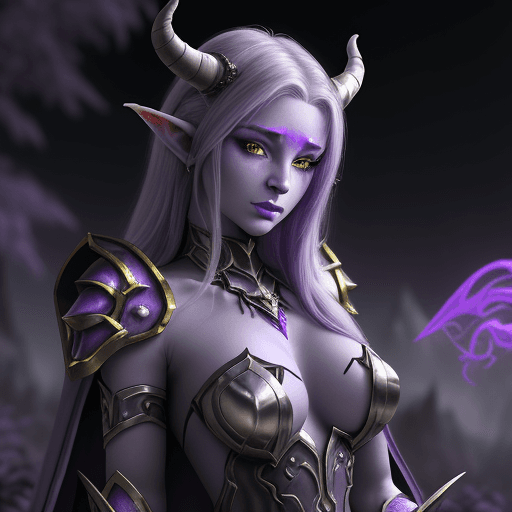 AI generated: a gorgeous draenei girl over ethereal purple demonic landscape, warlock, depth of field, light forge...