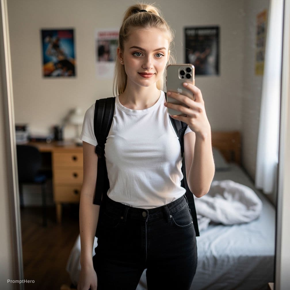 AI generated: A mirror selfie of college girl of 18 years old with blonde hair and light green eyes wearing plain ...