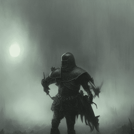 AI generated: Photo of a knight wearing plate armor wearing a heaume, dark fantasy, night, haze, fog, mist, black ...