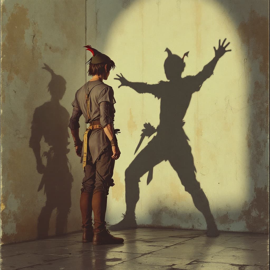 AI generated: Photorealistic  full body shot of peter pan fencing with his shadow against a wall, and  it is taunt...