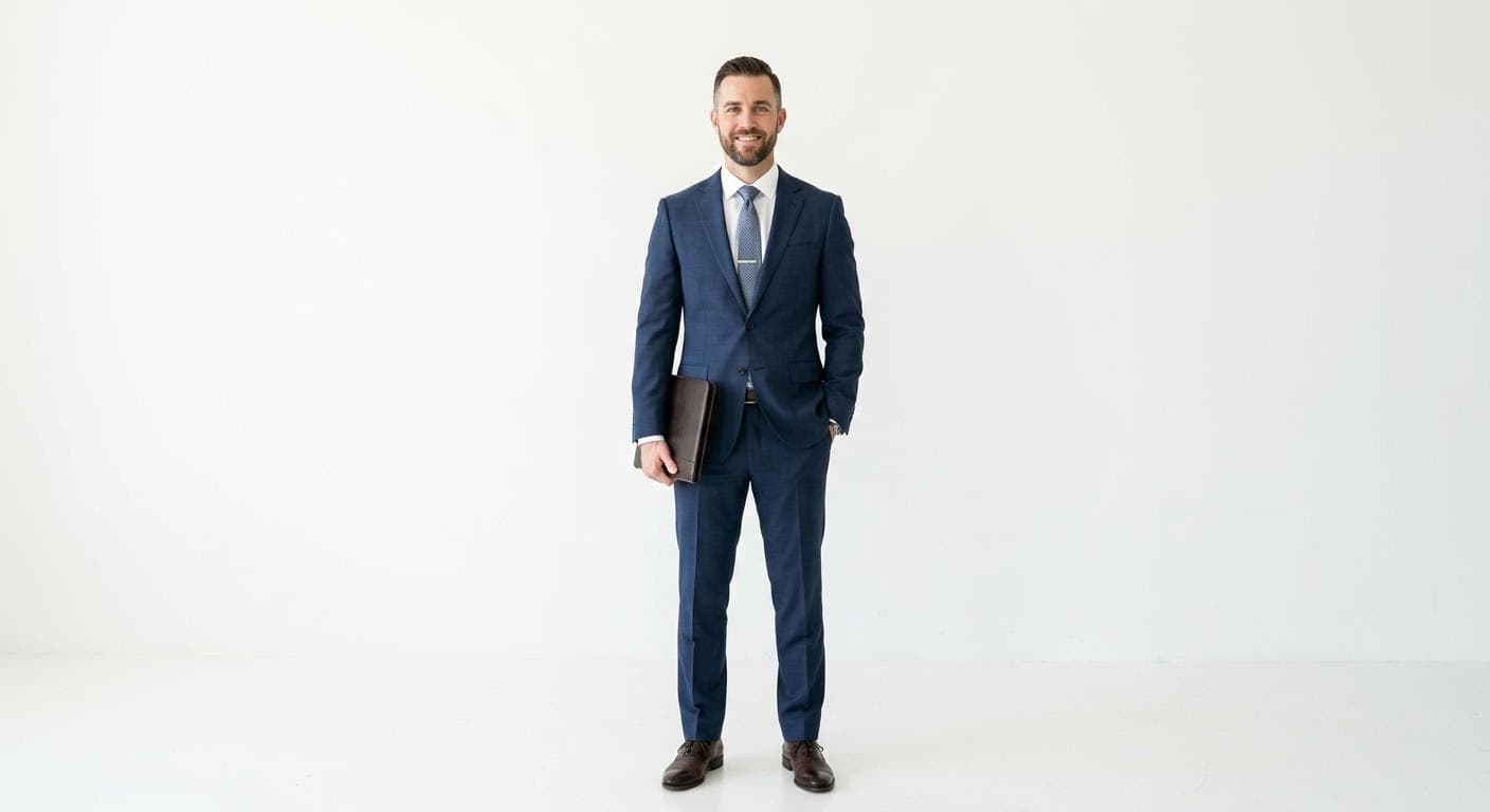 AI generated: face of modern business man, white background, full figure