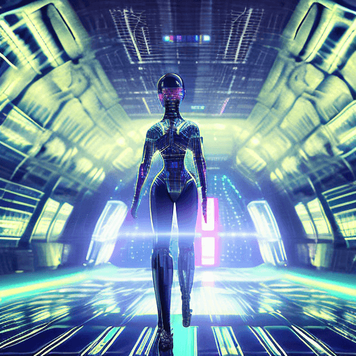 AI generated: a luminously intricate android woman standing in a spaceship hangar. Her body is adorned with vividl...