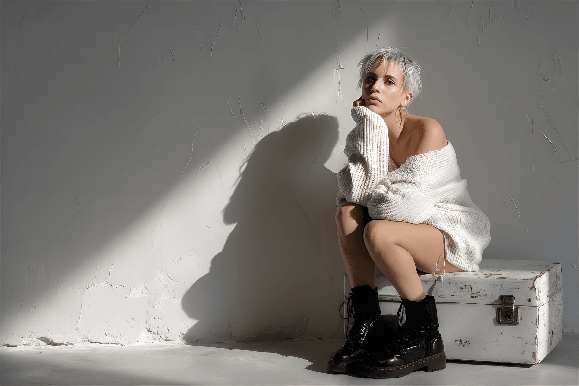 AI generated: young, possibly Caucasian woman with short, silver hair is the central figure, depicted in a stylize...