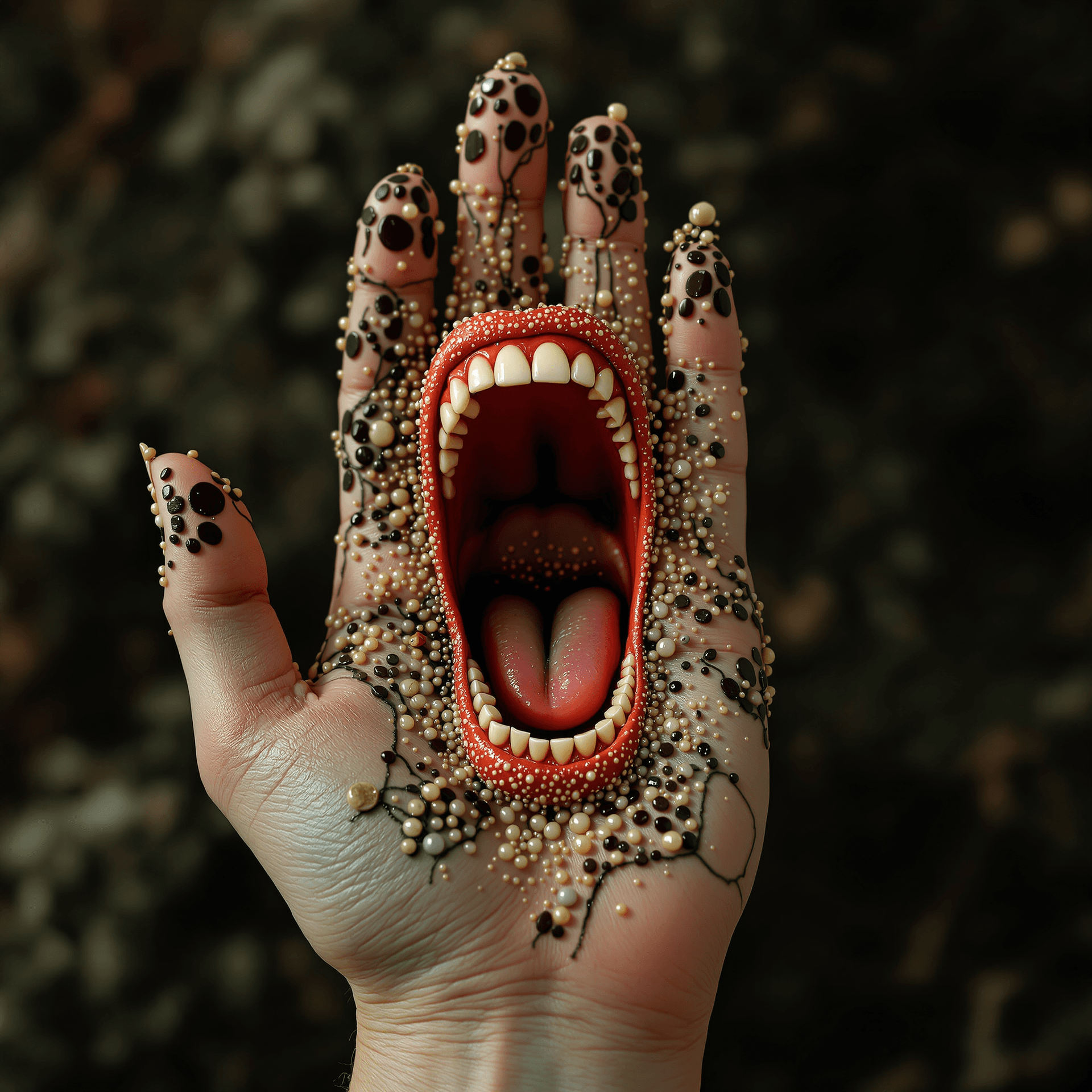 AI generated: she is a screaming mouth on the palm. Beautiful patterns made of lava. funny, White teeth in the sty...