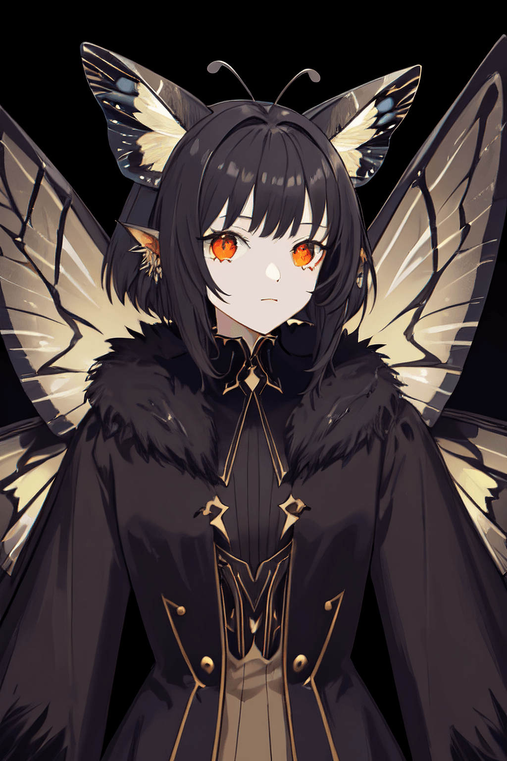AI generated: moth girl, arthropod girl, moth antennae, moth wings, black sclera, fur trim, fur collar