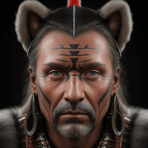AI generated: hyperrealistic style,portrait photo of a Austrian old warrior chief, tribal panther make up, blue on...