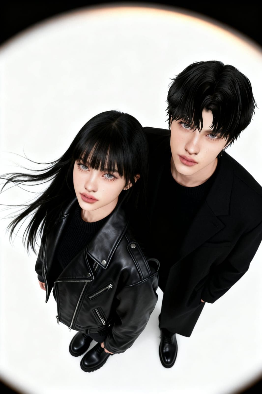 AI generated: Top-down view, woman in front, man slightly behind, 
looking up at camera, modern fashion portrait.
...