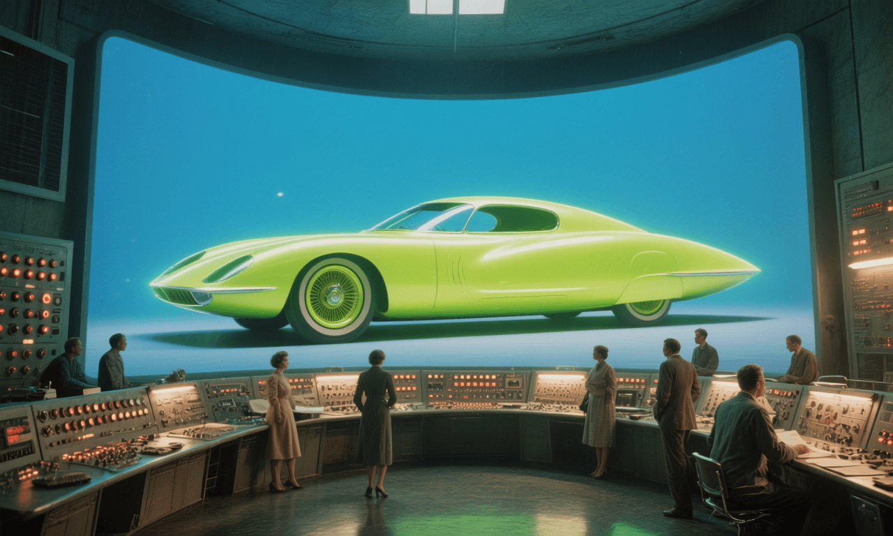 AI generated: Retro-futuristic 1960s concept car design studio, large curved projection screen displaying a glowin...