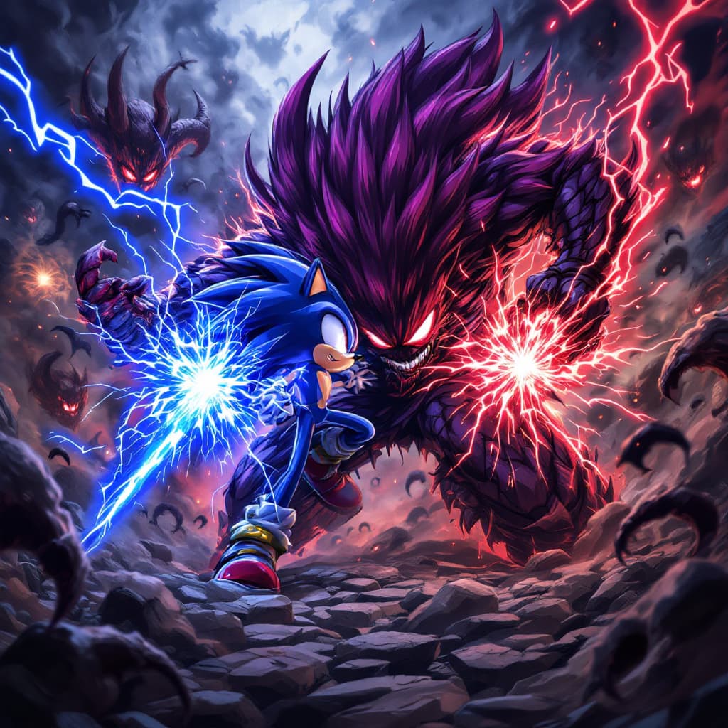 AI generated: Anime-style illustration of a fusion character combining Sonic and Berserk, battling alongside each ...