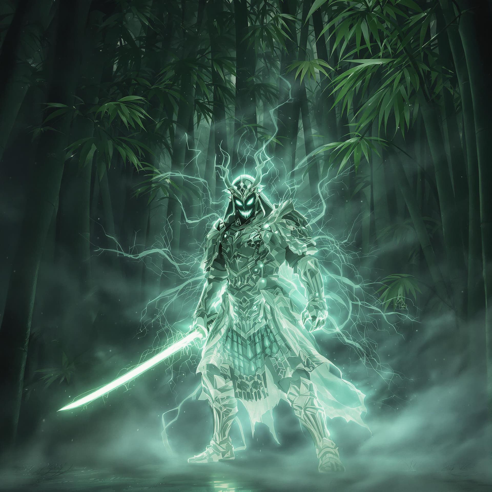 AI generated: A ghost samurai, his spectral form emerging from the misty depths of a very dense bamboo forest. His...