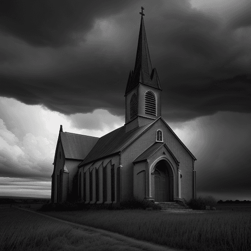 AI generated: A dark cloudy giant epic sky falls over a little church , epic , 8k , hd , brown, gray, black and wh...
