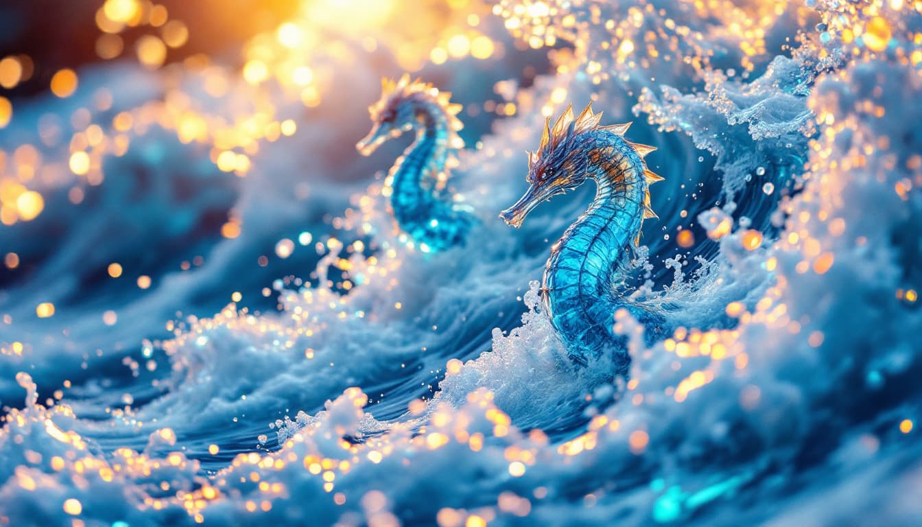 AI generated:     abstraction of multiple giants,made of transparent water,  sea horses,  ocean wave ,with sea foa...