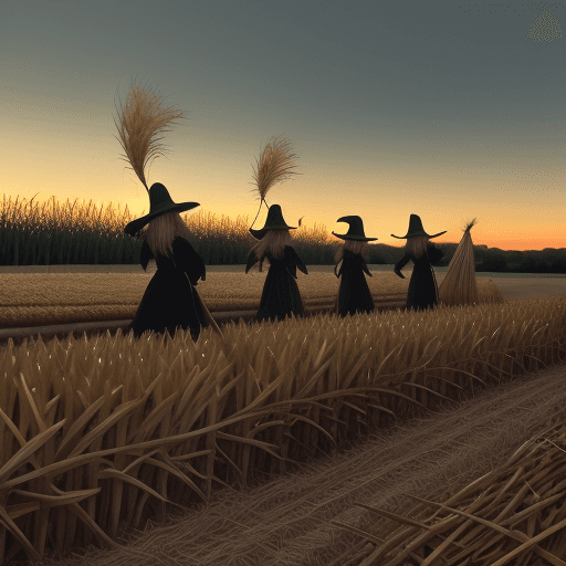 AI generated: witches racing on brooms over a cornfield at dusk
