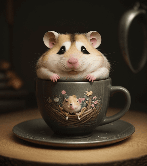 AI generated: a tired and sleepy hamster who is tired and slightly grumpy, is drinking a cup of coffee in an attem...
