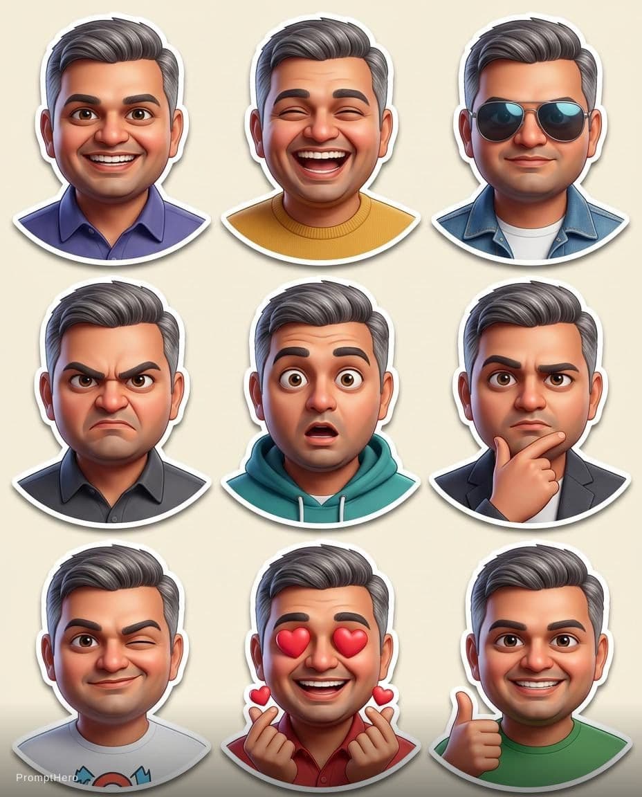 AI generated: Create a premium Pixar-style 3D character sticker set that is clearly recognizable as the same perso...