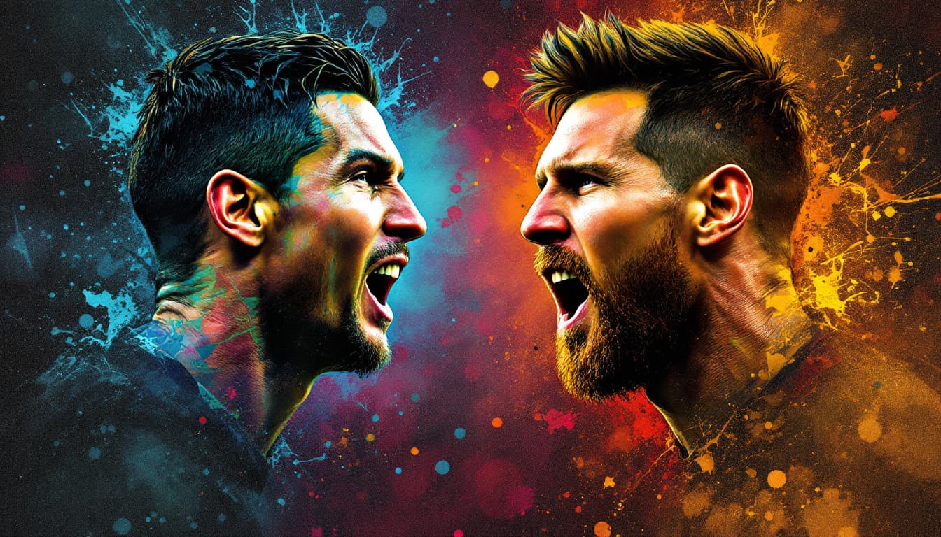AI generated: the mix of face between ronaldo and messi!!
in their national game in the field 
make it like a thum...