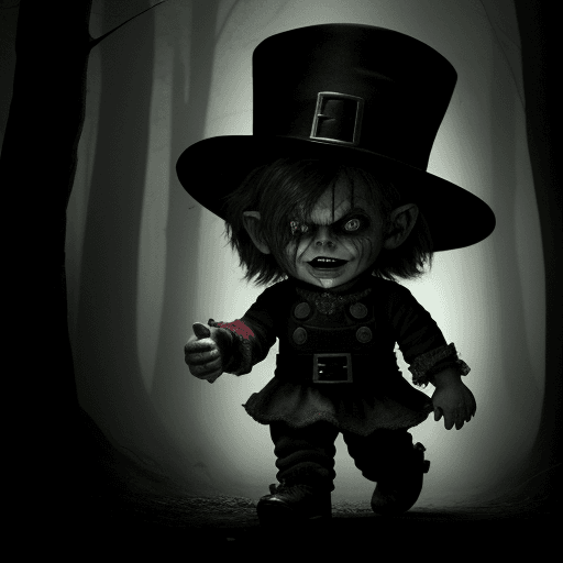 AI generated: cinematic , dark, creepy, faceoff, Chucky, Leprechaun, woods