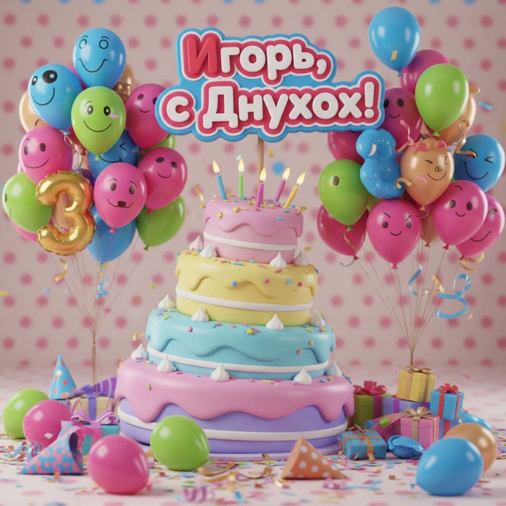 AI generated: create a funny birthday related 3D image with a birthday cake, lots of ballons, no people, Text: Иго...