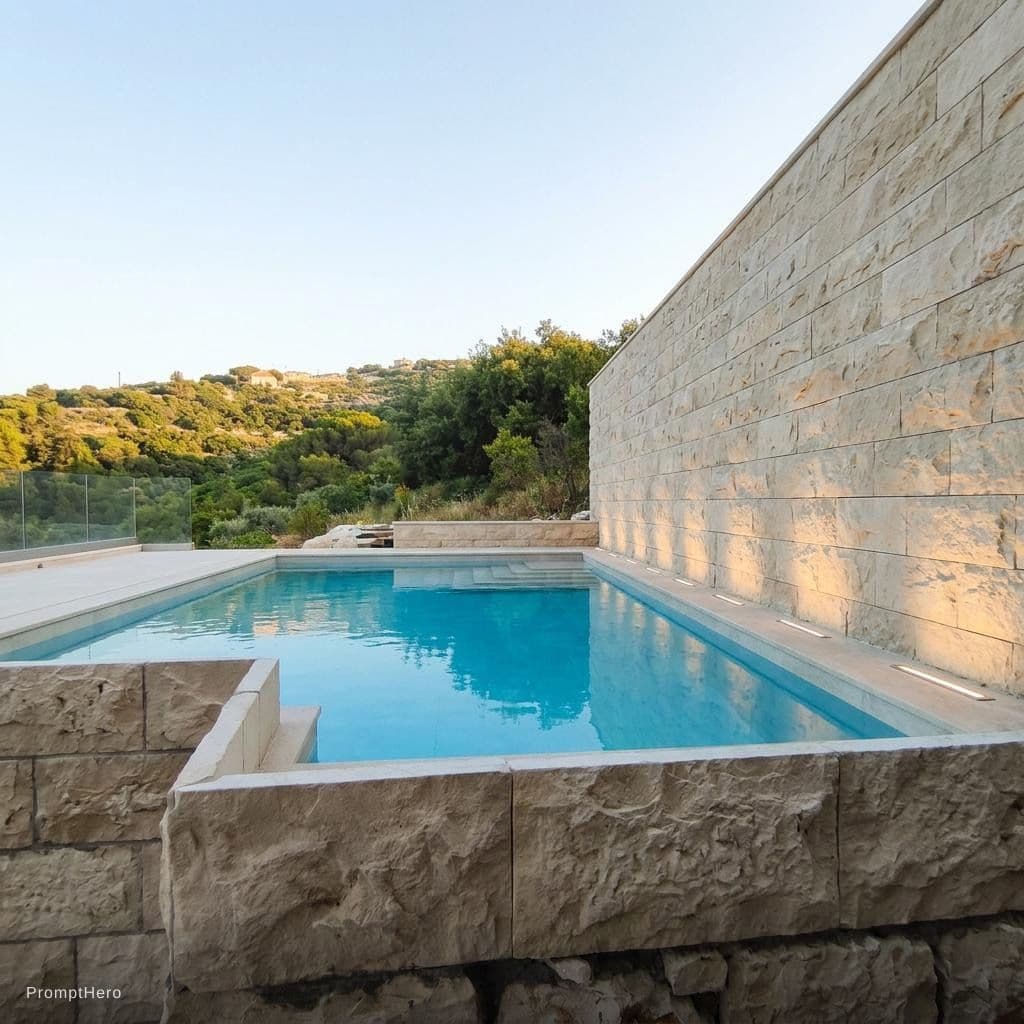 AI generated: Pool with stone cut wall on the right side for privacy make it taller than the original height 
Plac...
