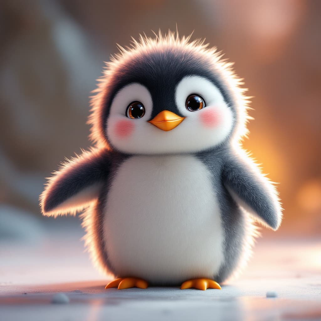AI generated: Ultra-realistic Disney-style, cinematic shot of an adorable fluffy baby penguin character, covered i...