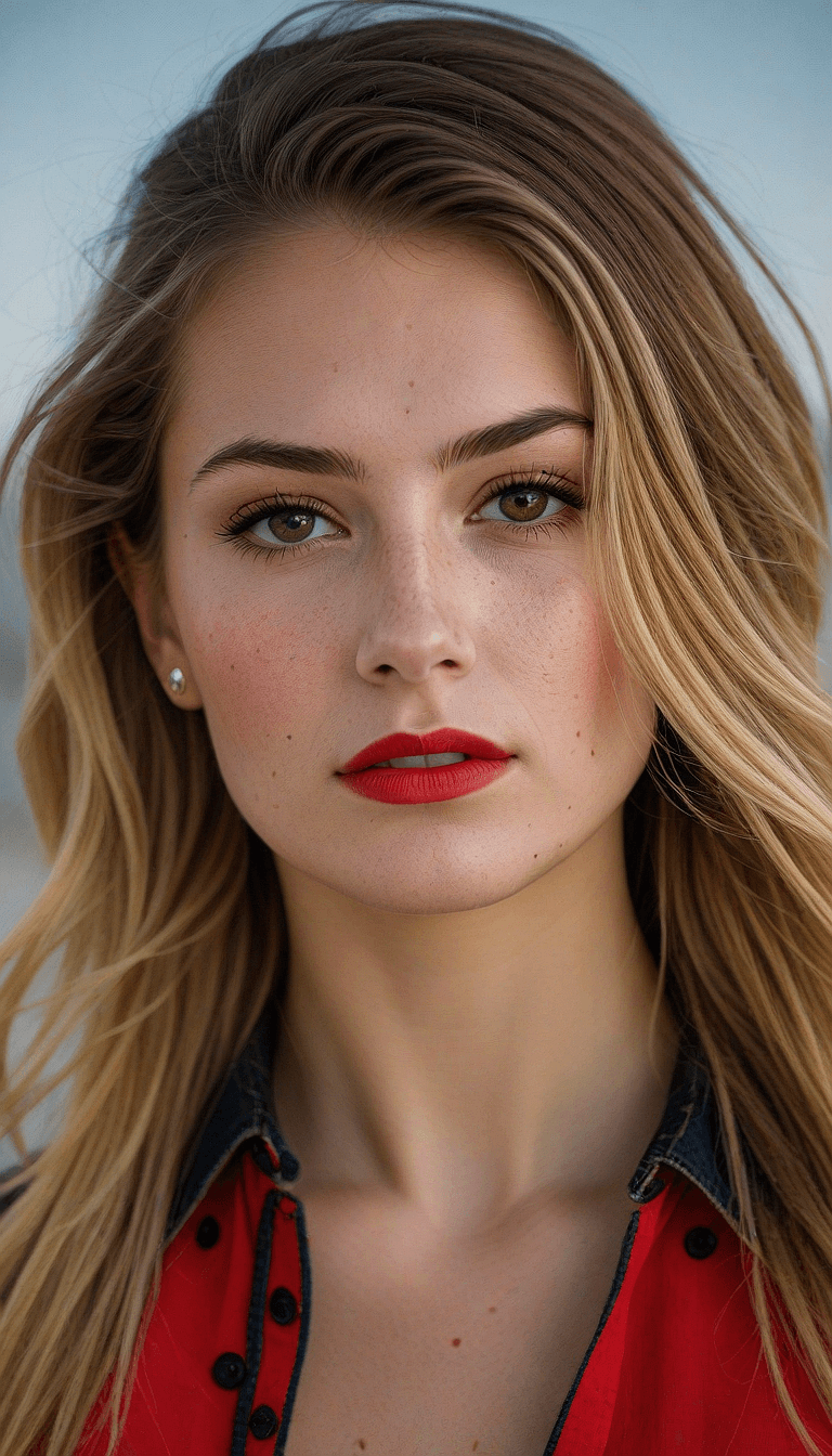 AI generated: A detailed portrait of a woman with a neutral expression, facing the camera head-on. She has light b...