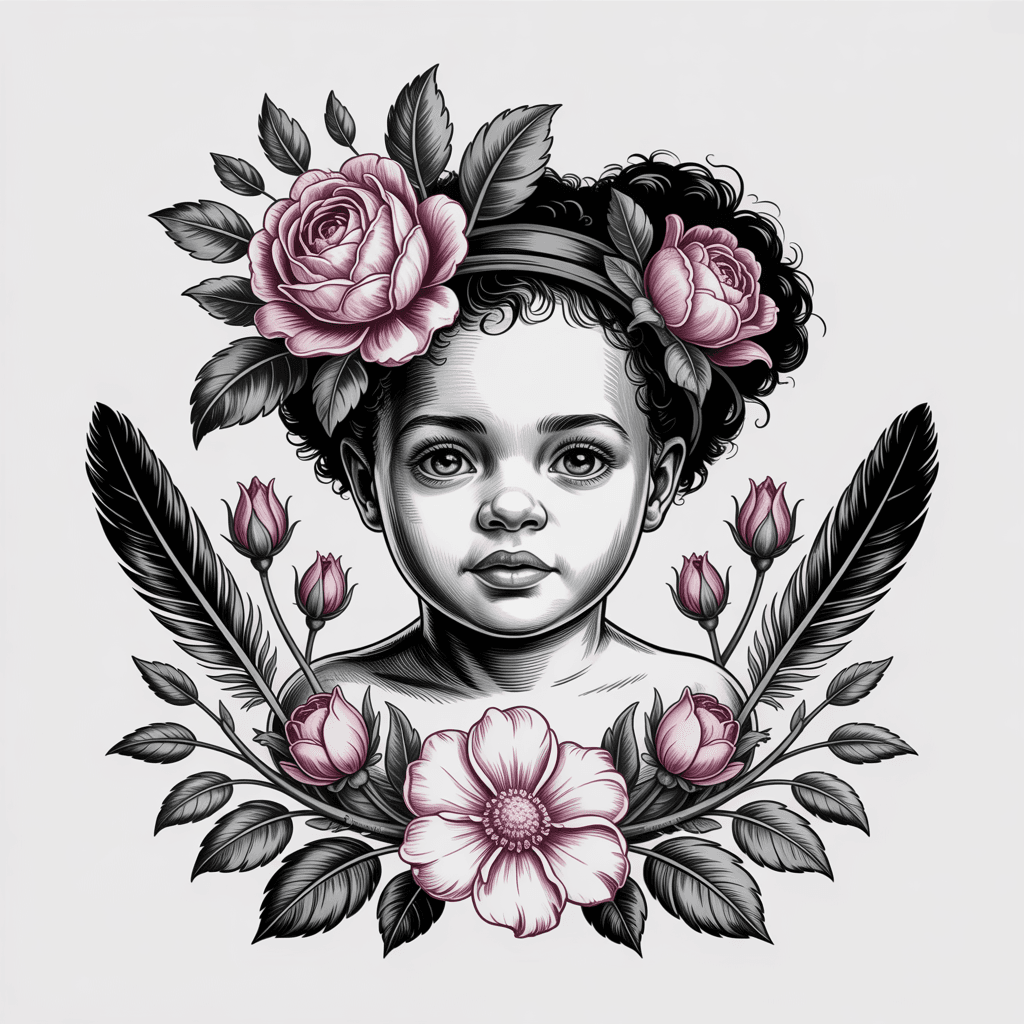 AI generated:  bust of a small African American female baby with classical floral elements, bilateral symmetry, wo...