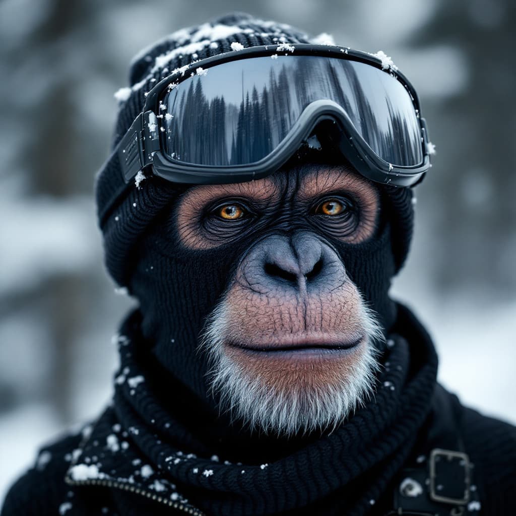 AI generated: a black ribbed knit baklava skimask painted with chimpanzee face on it. 
canon 50mm 1. 2L, ultra det...