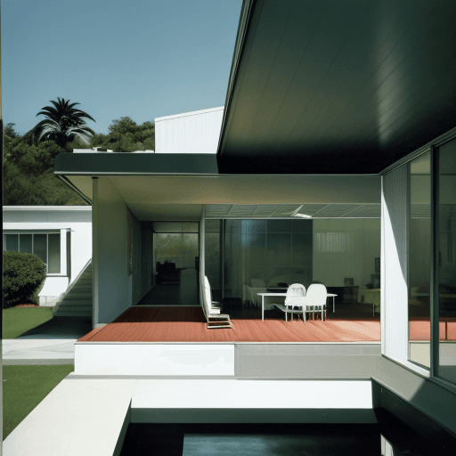 AI generated: Hyper realistic eye level exterior photo of a mid century modern style house overlooking the ocean, ...