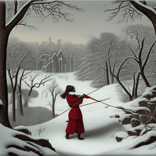 AI generated: girl hunting with bow in the winter wood, escher
