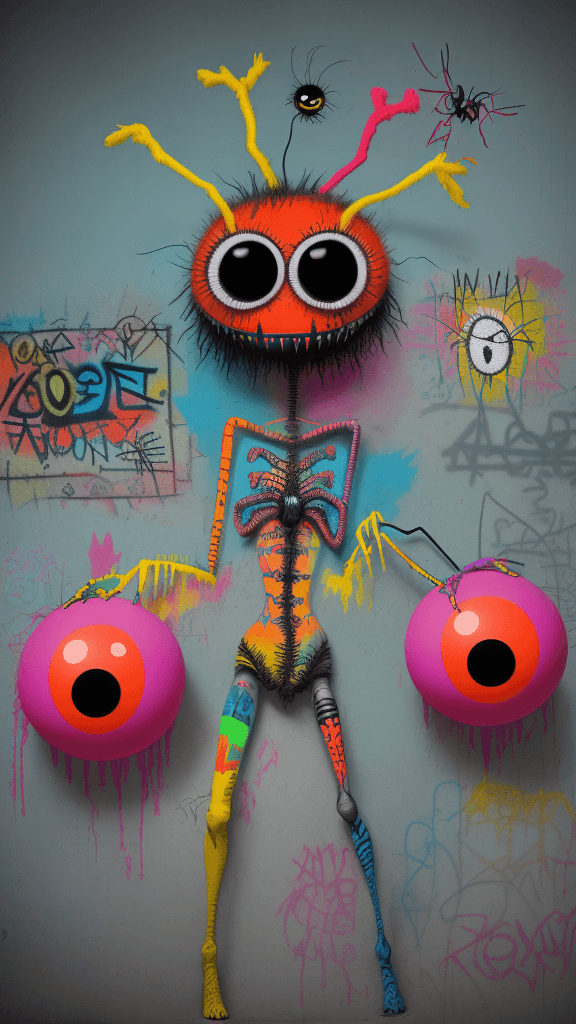 AI generated: graffitied on the wall invision my imaginary friend a Absurd Embroidery bird head spider legs red or...