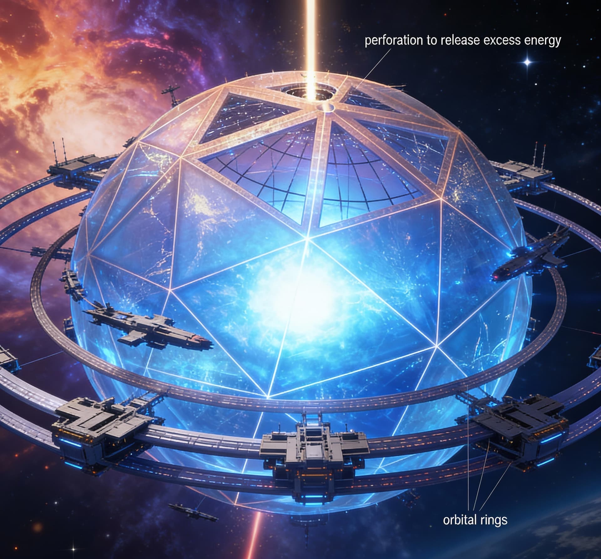 AI generated: Use the Reference Image to imagine, in detail, an alien Starship manufacturing Dyson’s Sphere.  Alte...