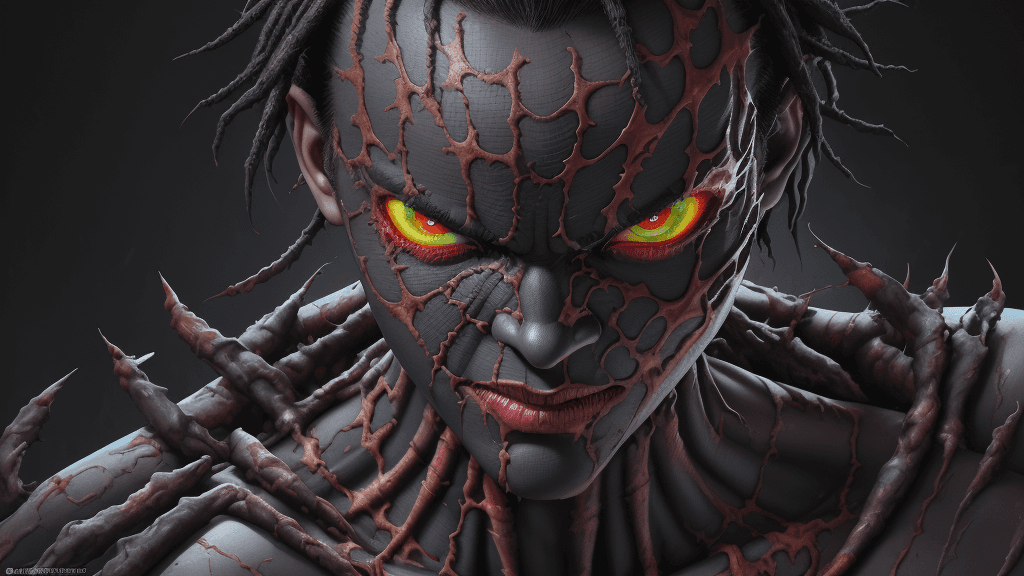 AI generated: in a complex marvel background vibrant portrait  of evil vanquished Miles Morales, demonic  features...